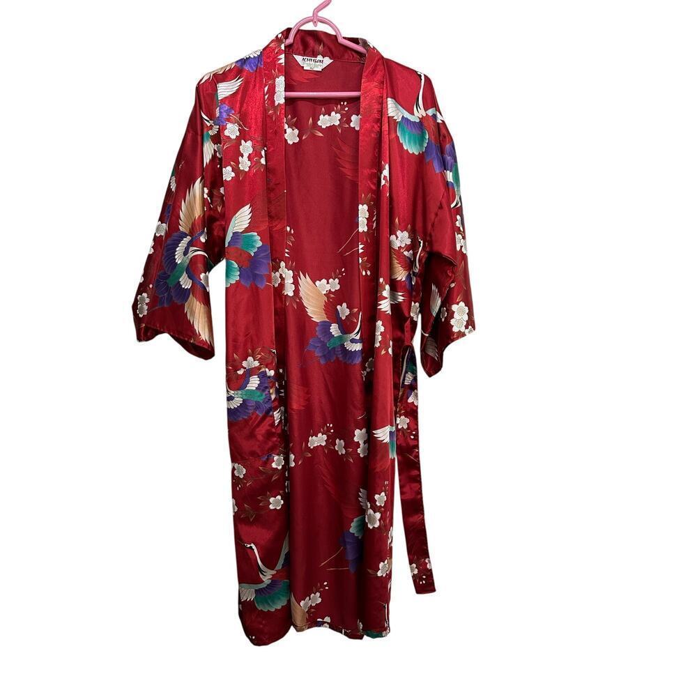 Japanese ichiban Women's Red Birds Floral Silky Kimono Robe Size 42